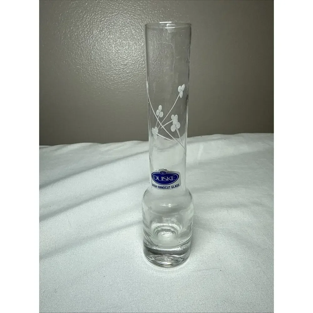 DUISKE Irish Handcut Etched Frosted Floral Design Leaves Clear Glass Vase 6” EUC